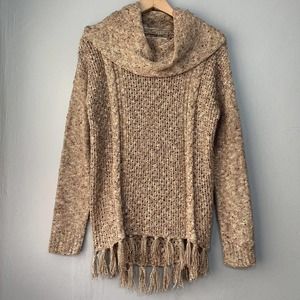 Bass Womens Small Marled Tan Boho Sweater Fringed Tunic Top Cowl Neck Cable Knit